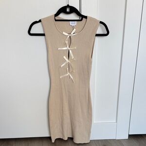 Le Lis Beige Ribbed Sleeveless Mini Dress with Front Bow Ties